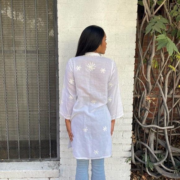 White embroidered long sleeve tunic blouse / fits size s-m / cottagecore - Picture 5 of 6